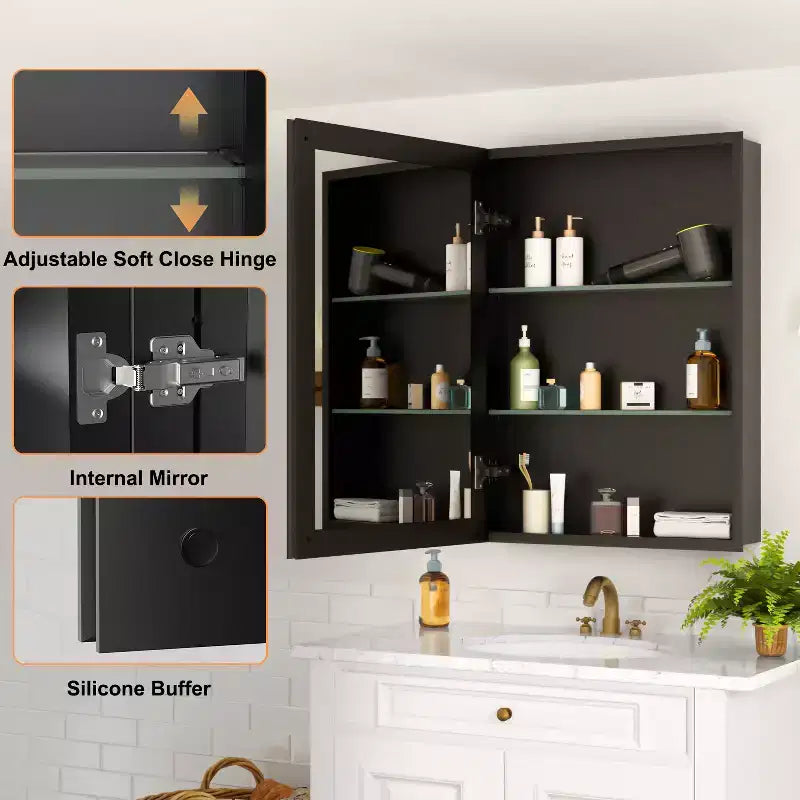 Pensile a Specchio Belle, Pensile ad Incasso/a Parete per Bagno, Specchio con Superficie Smussata, Ripiani Regolabili in Vetro Temperato, Nero