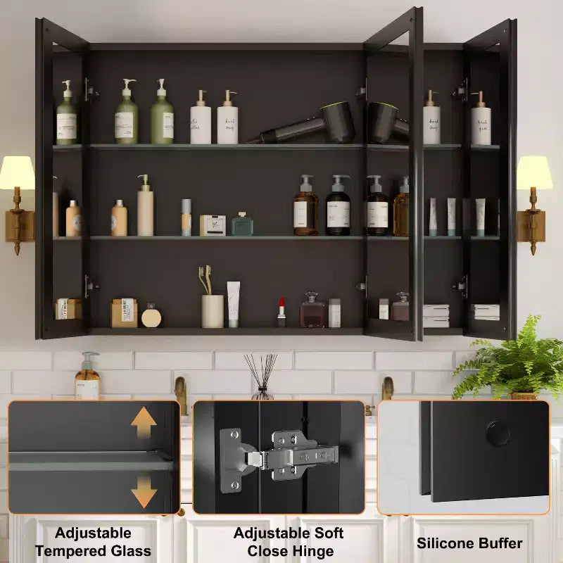 Pensile a Specchio Belle, Pensile ad Incasso/a Parete per Bagno, Specchio con Superficie Smussata, Ripiani Regolabili in Vetro Temperato, Nero