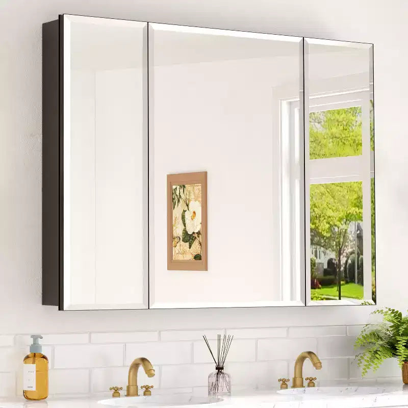 Pensile a Specchio Belle, Pensile ad Incasso/a Parete per Bagno, Specchio con Superficie Smussata, Ripiani Regolabili in Vetro Temperato, Nero