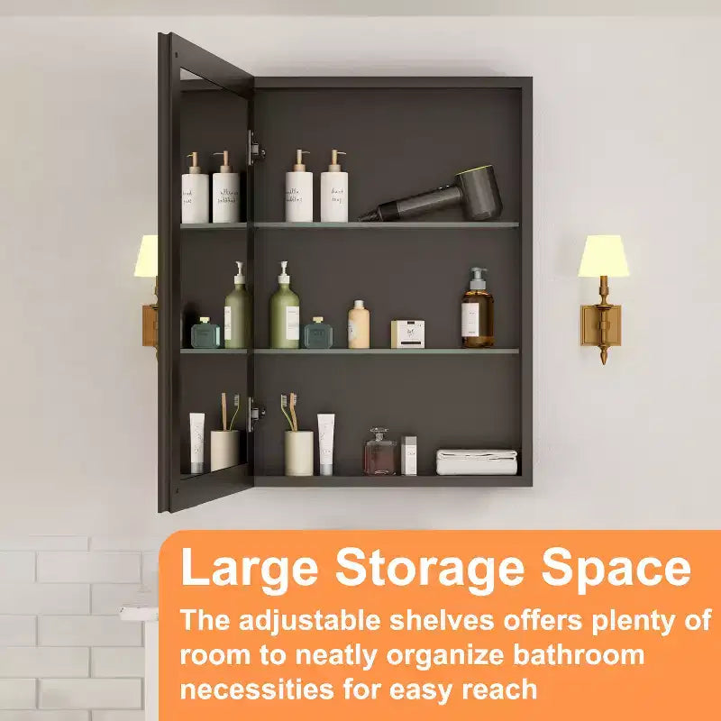 Pensile a Specchio Belle, Pensile ad Incasso/a Parete per Bagno, Specchio con Superficie Smussata, Ripiani Regolabili in Vetro Temperato, Nero