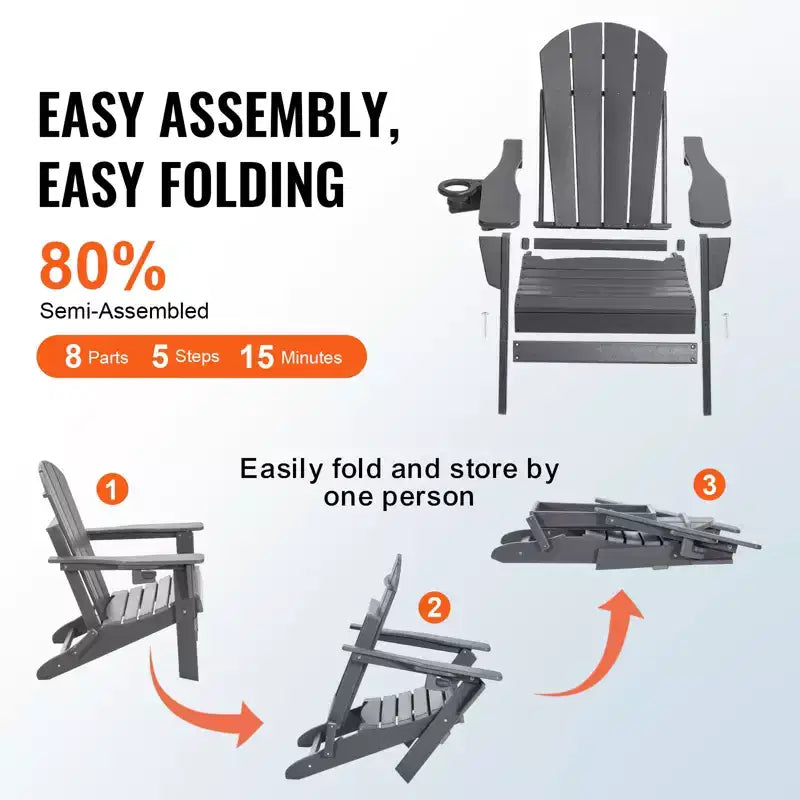 VEVOR Adirondack Chair Plastic, Set of 2 All-Weather Portable Folding Fire Pit Chair, Outdoor Adirondack Patio Chair with Cup Holder