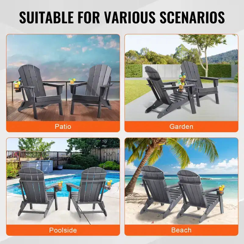 VEVOR Adirondack Chair Plastic, Set of 2 All-Weather Portable Folding Fire Pit Chair, Outdoor Adirondack Patio Chair with Cup Holder