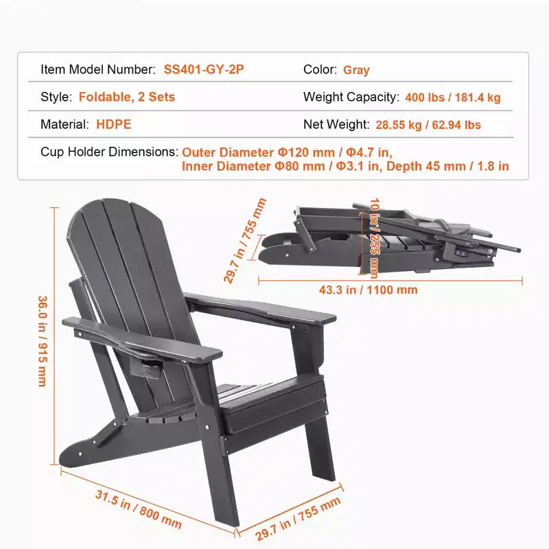 VEVOR Adirondack Chair Plastic, Set of 2 All-Weather Portable Folding Fire Pit Chair, Outdoor Adirondack Patio Chair with Cup Holder