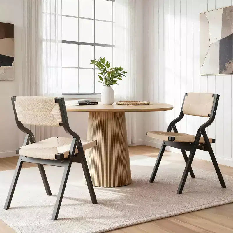 MAYEERTY 2-Set Wood Foldable & Stackable Dining Chairs for Dining Room, Woven Seat & Back, Black - Natural