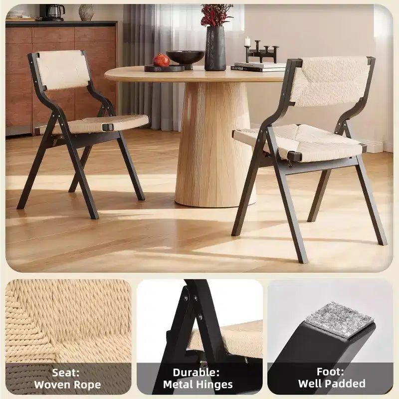 MAYEERTY 2-Set Wood Foldable & Stackable Dining Chairs for Dining Room, Woven Seat & Back, Black - Natural