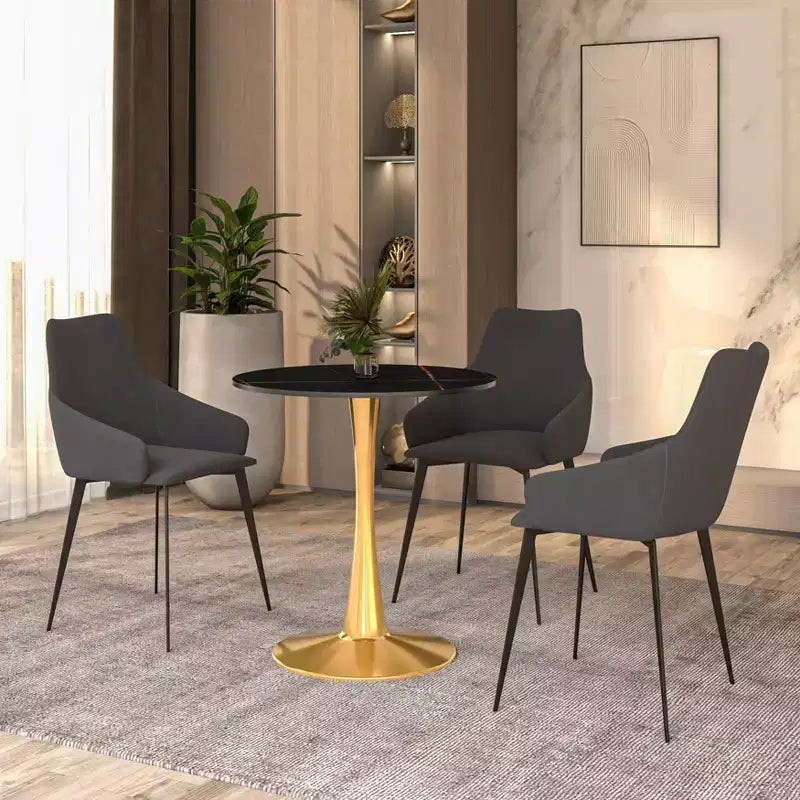 LeisureMod Bristol 27 Round Dining Table  Sintered Stone Top Accent Caf Table & Sturdy Steel Gold Pedestal Base for Kitchen and Small Spaces