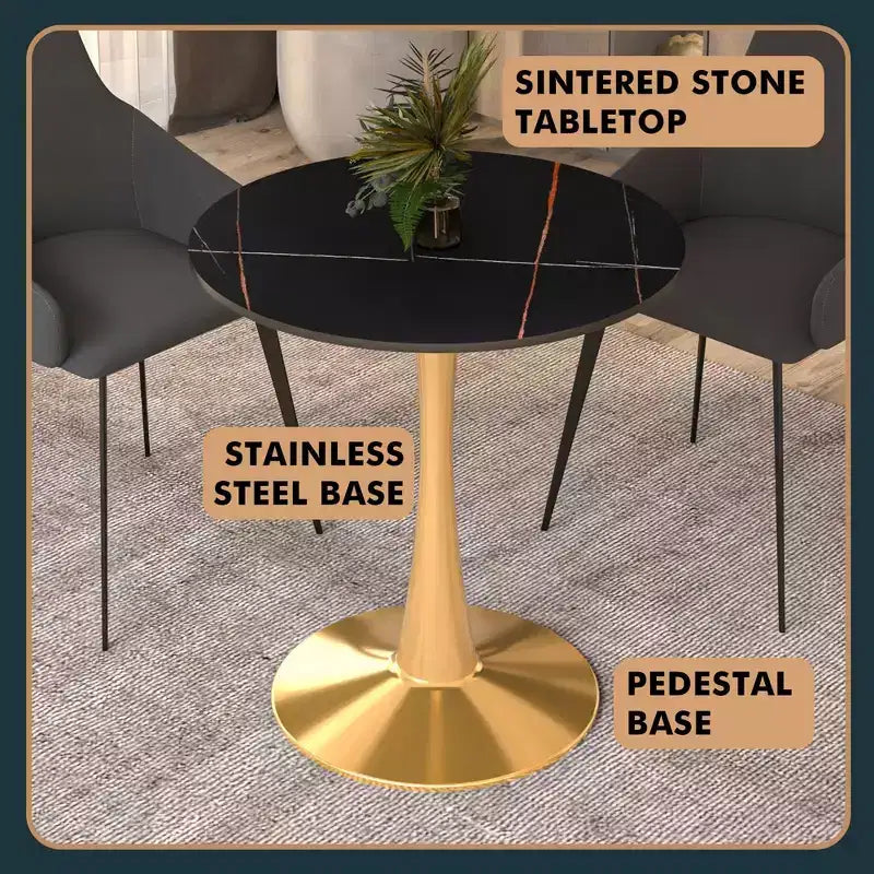 LeisureMod Bristol 27 Round Dining Table  Sintered Stone Top Accent Caf Table & Sturdy Steel Gold Pedestal Base for Kitchen and Small Spaces