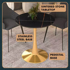 LeisureMod Bristol 27 Round Dining Table  Sintered Stone Top Accent Caf Table & Sturdy Steel Gold Pedestal Base for Kitchen and Small Spaces