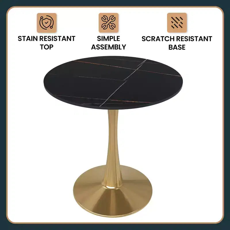 LeisureMod Bristol 27 Round Dining Table  Sintered Stone Top Accent Caf Table & Sturdy Steel Gold Pedestal Base for Kitchen and Small Spaces