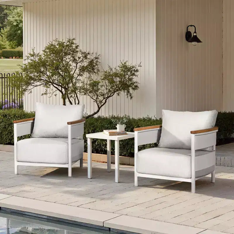 Jennifer Taylor Home Rhodes 29 Upholstered Teak & Aluminum Patio Arm Chair, Birch Gray Chenille