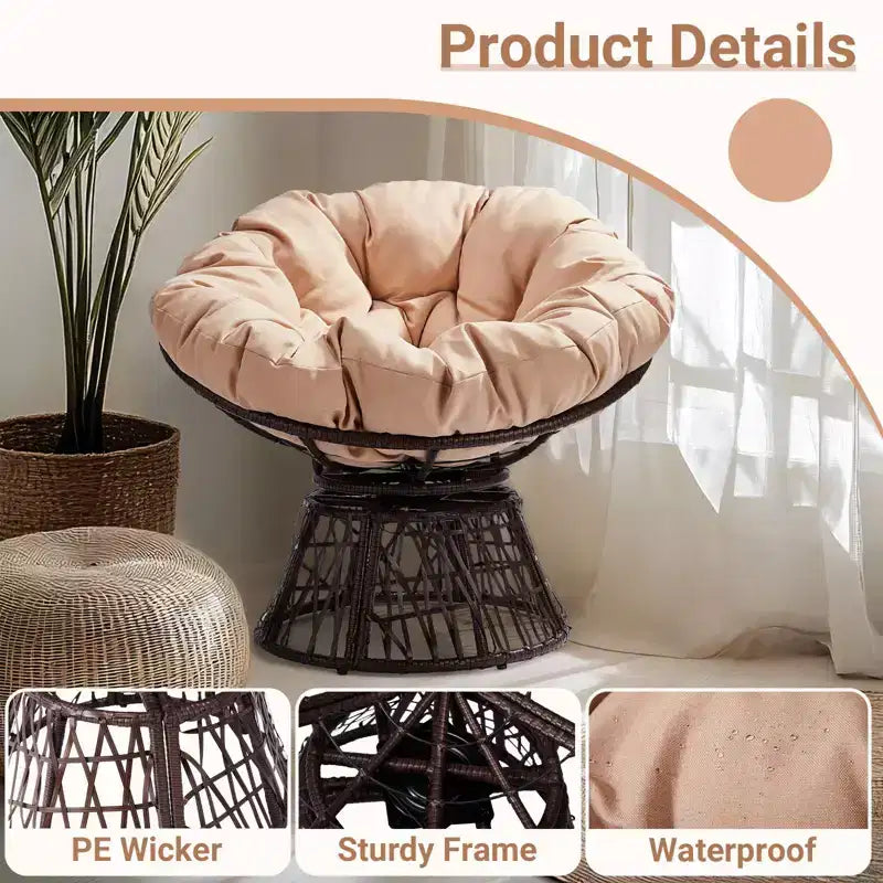 Poltrona girevole Karl Home in vimini marrone con cuscino beige