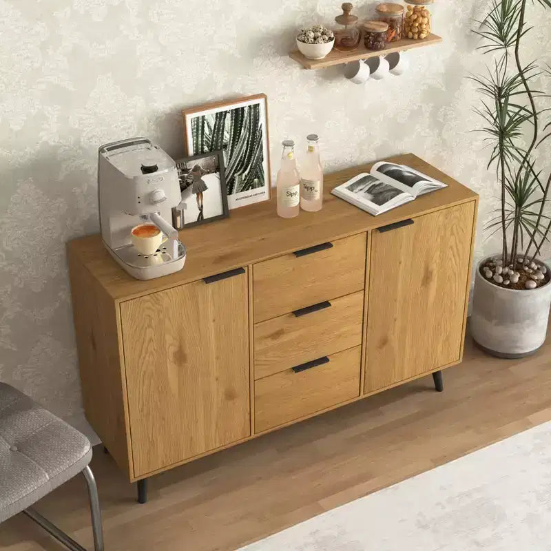 Credenza da buffet con cassetti e ante, mobiletto in legno per angolo caffè, credenza da cucina da 120 cm con 3 cassetti e 2 ante