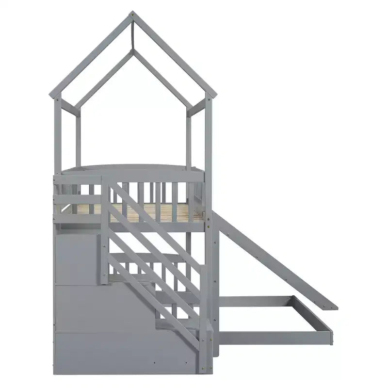 Whisen Twin Over Full Bunk Bed with Slide, House Bed with Slide