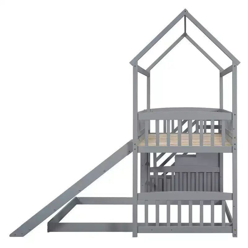 Whisen Twin Over Full Bunk Bed with Slide, House Bed with Slide