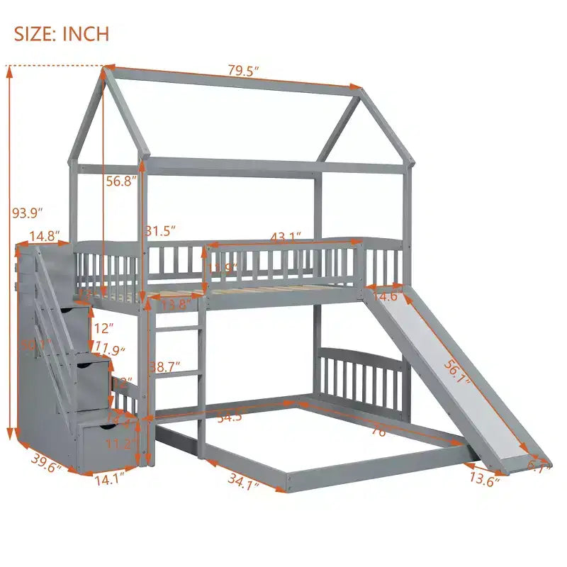 Whisen Twin Over Full Bunk Bed with Slide, House Bed with Slide