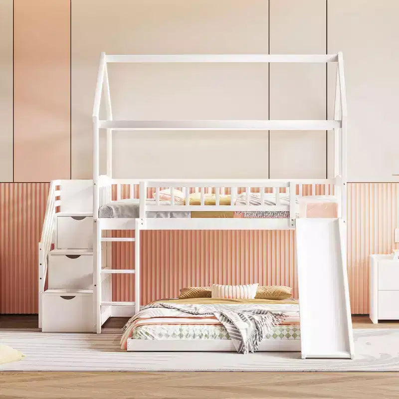 Whisen Twin Over Full Bunk Bed with Slide, House Bed with Slide