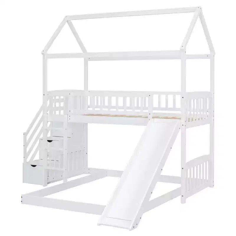 Whisen Twin Over Full Bunk Bed with Slide, House Bed with Slide