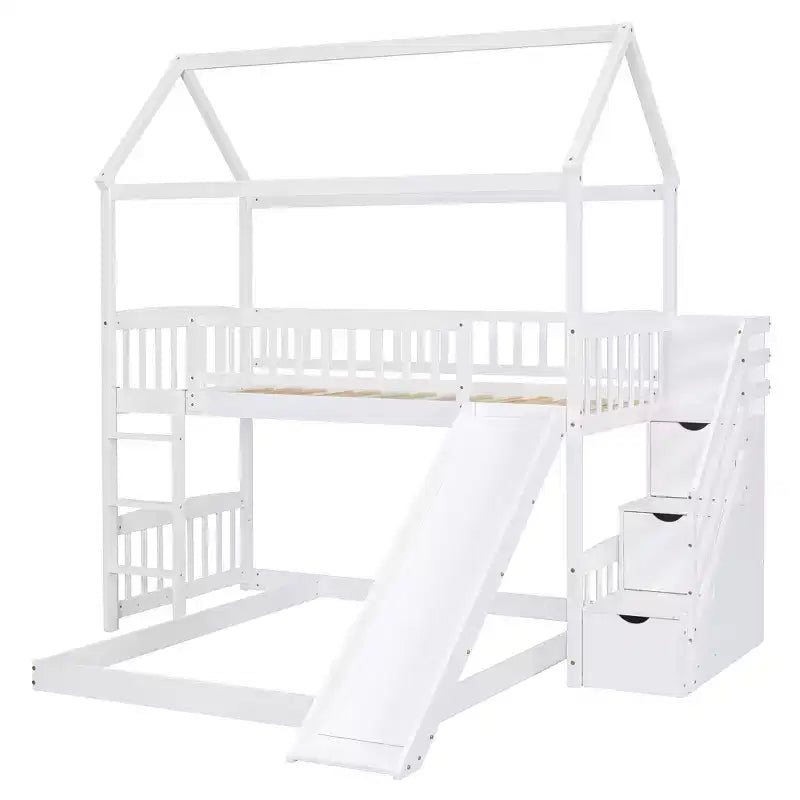 Whisen Twin Over Full Bunk Bed with Slide, House Bed with Slide