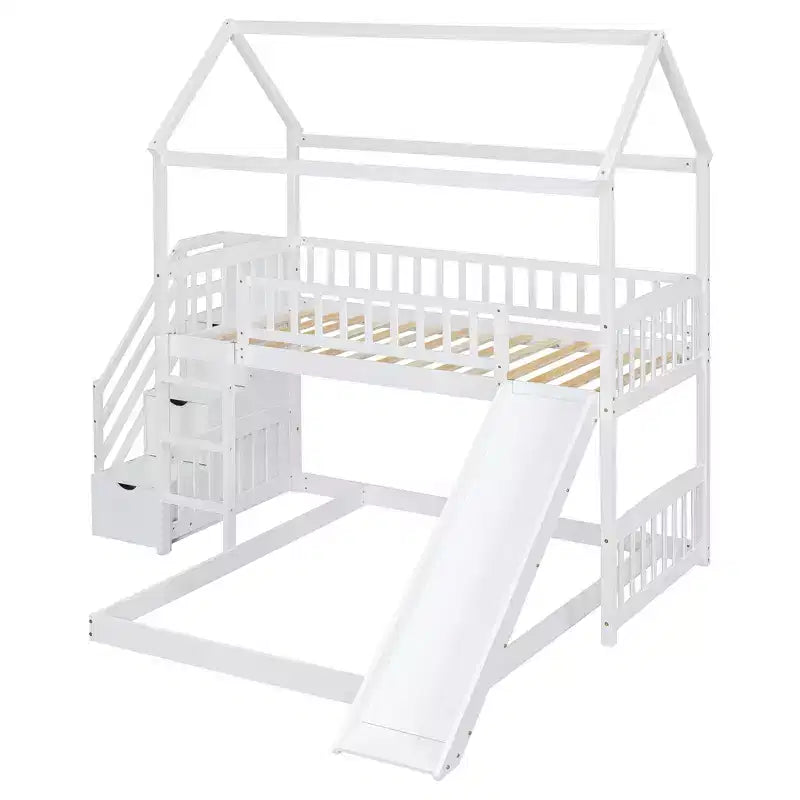 Whisen Twin Over Full Bunk Bed with Slide, House Bed with Slide