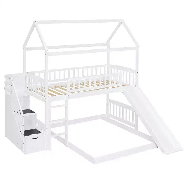 Whisen Twin Over Full Bunk Bed with Slide, House Bed with Slide