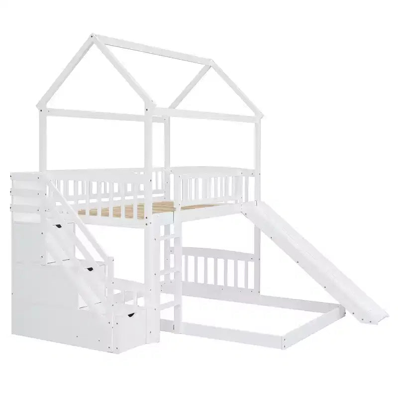 Whisen Twin Over Full Bunk Bed with Slide, House Bed with Slide