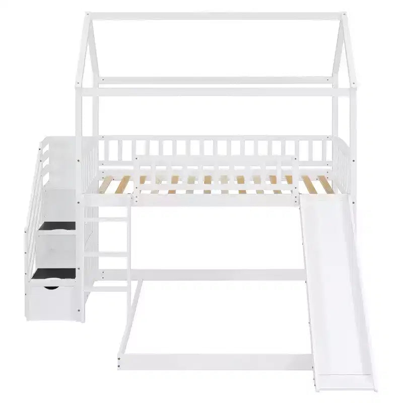 Whisen Twin Over Full Bunk Bed with Slide, House Bed with Slide