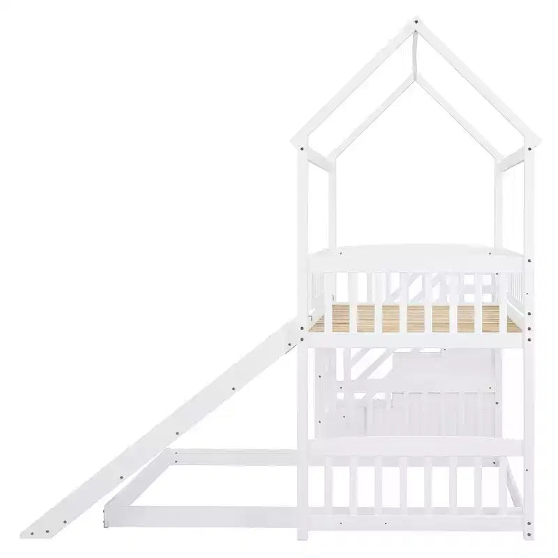 Whisen Twin Over Full Bunk Bed with Slide, House Bed with Slide