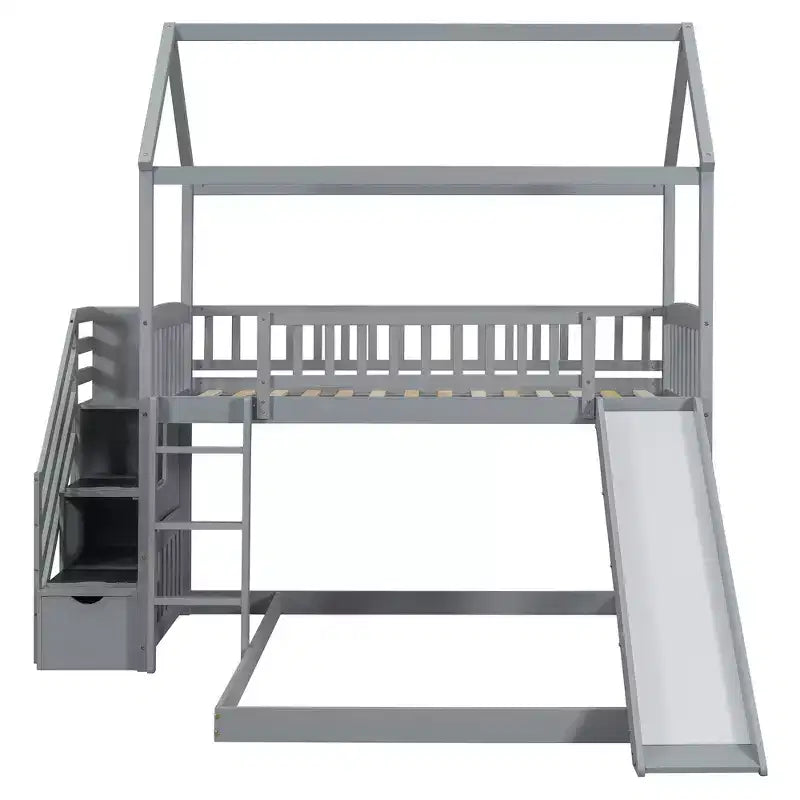Whisen Twin Over Full Bunk Bed with Slide, House Bed with Slide