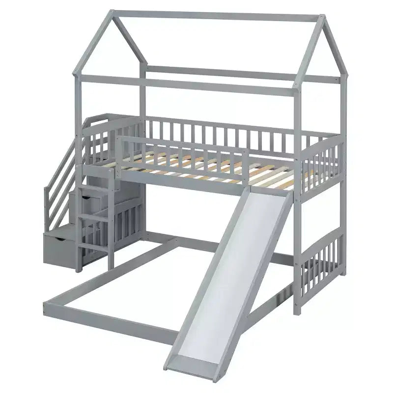 Whisen Twin Over Full Bunk Bed with Slide, House Bed with Slide