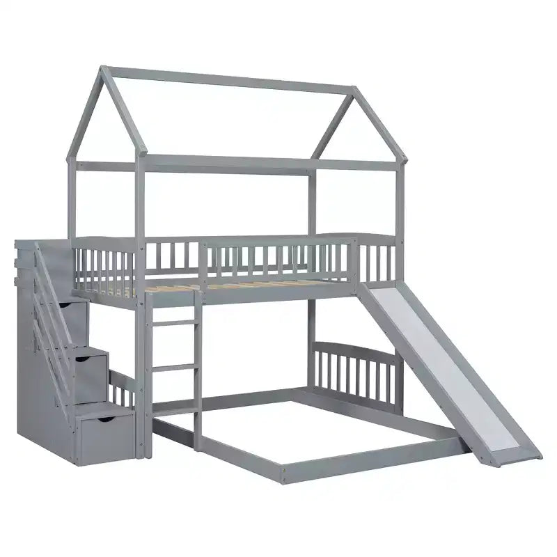 Whisen Twin Over Full Bunk Bed with Slide, House Bed with Slide