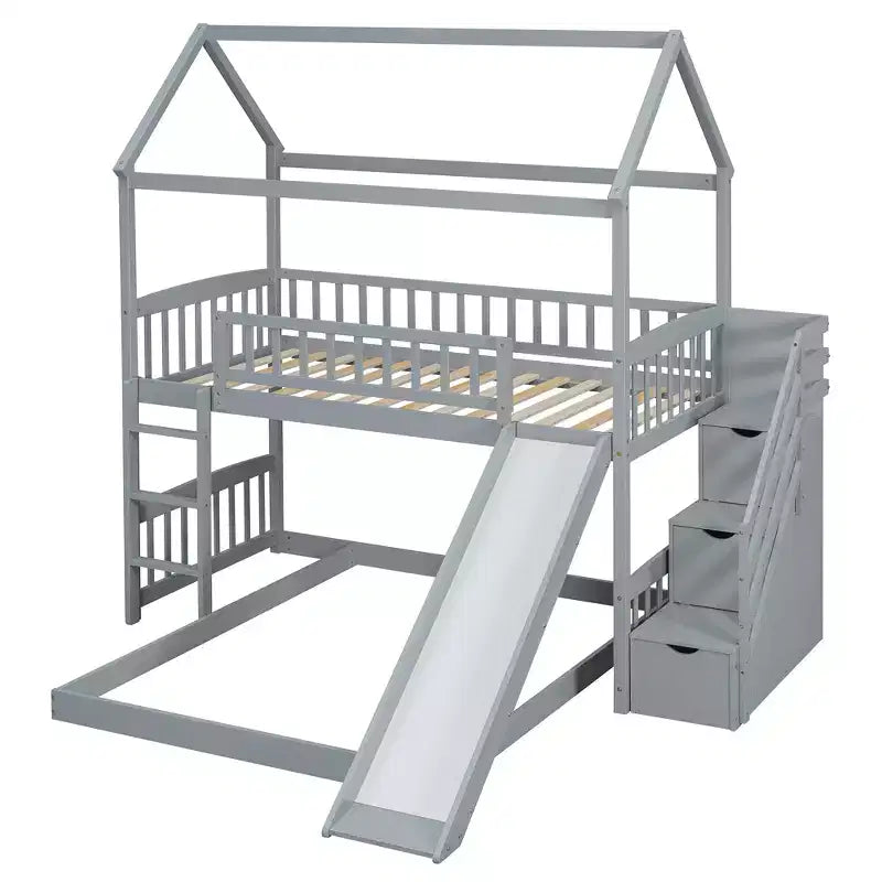 Whisen Twin Over Full Bunk Bed with Slide, House Bed with Slide