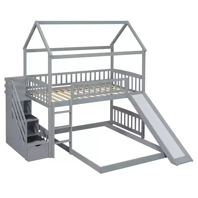 Whisen Twin Over Full Bunk Bed with Slide, House Bed with Slide