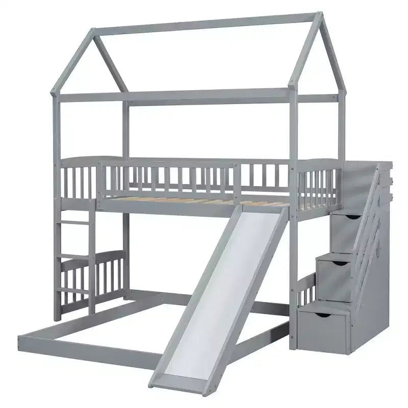 Whisen Twin Over Full Bunk Bed with Slide, House Bed with Slide