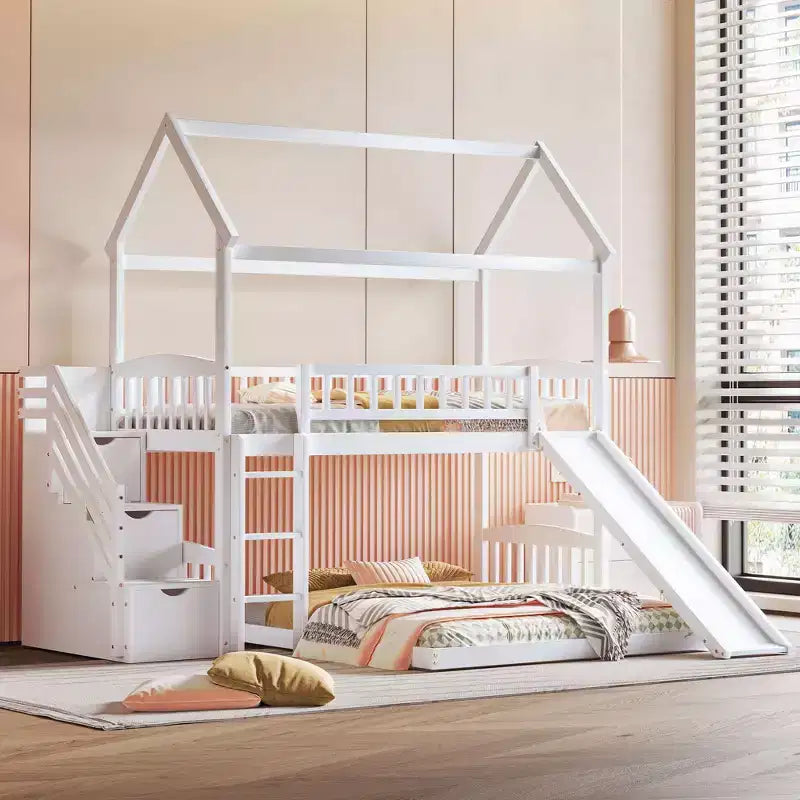 Letto a Castello Whisen Twin Over Full con Scivolo, Letto a Casetta con Scivolo