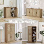 Madia in legno venato 62x31x16, mobile contenitore con ripiani regolabili e ante in rattan per cucina, camera da letto, soggiorno/sala da pranzo