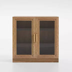 Madia in legno venato 62x31x16, mobile contenitore con ripiani regolabili e ante in rattan per cucina, camera da letto, soggiorno/sala da pranzo