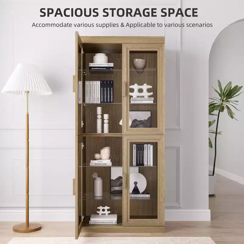 36x124x16 Wood Accent Cabinet, Storage Organizer with Adjustable Shelves and Glass Doors for Kitchen Bedroom Entryway Living/Dinning Room