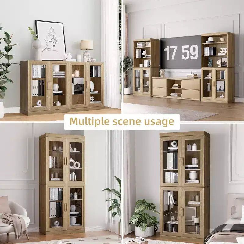 36x124x16 Wood Accent Cabinet, Storage Organizer with Adjustable Shelves and Glass Doors for Kitchen Bedroom Entryway Living/Dinning Room