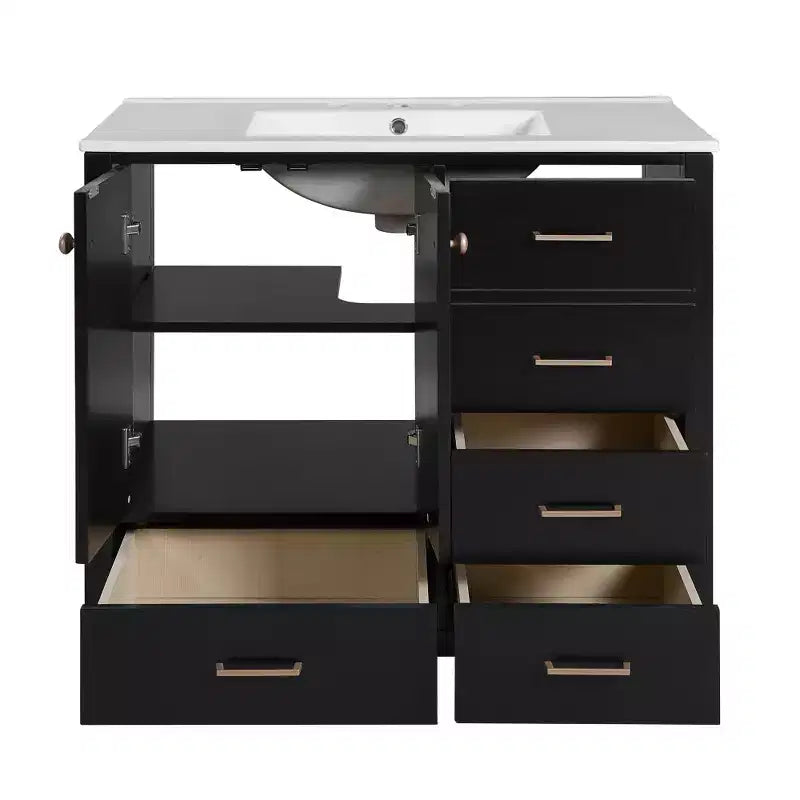 Mobile bagno Chic Crate-36In con lavello in ceramica, 4 cassetti e ante con chiusura ammortizzata | Struttura in legno massello | Indipendente | Nero