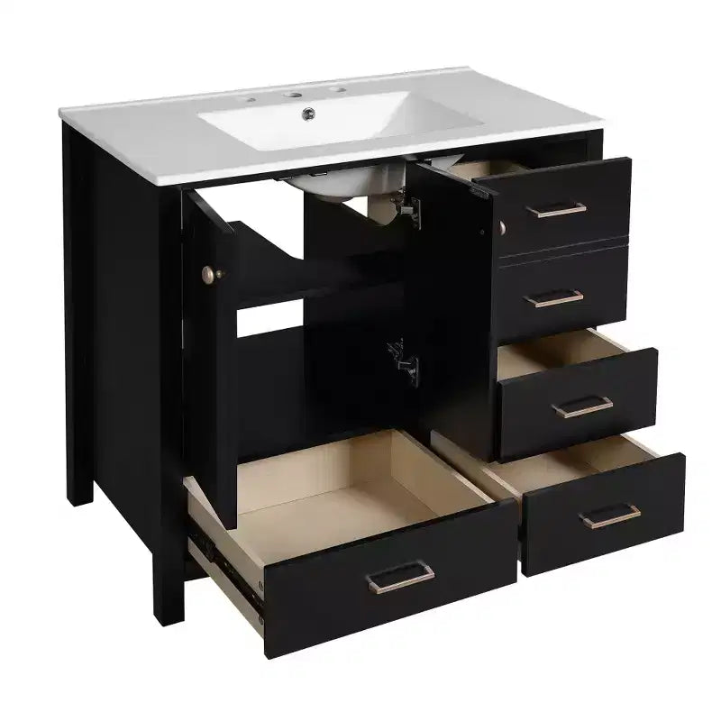 Mobile bagno Chic Crate-36In con lavello in ceramica, 4 cassetti e ante con chiusura ammortizzata | Struttura in legno massello | Indipendente | Nero