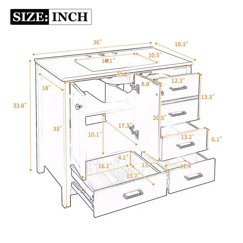 Mobile bagno Chic Crate-36In con lavello in ceramica, 4 cassetti e ante con chiusura ammortizzata | Struttura in legno massello | Indipendente | Nero