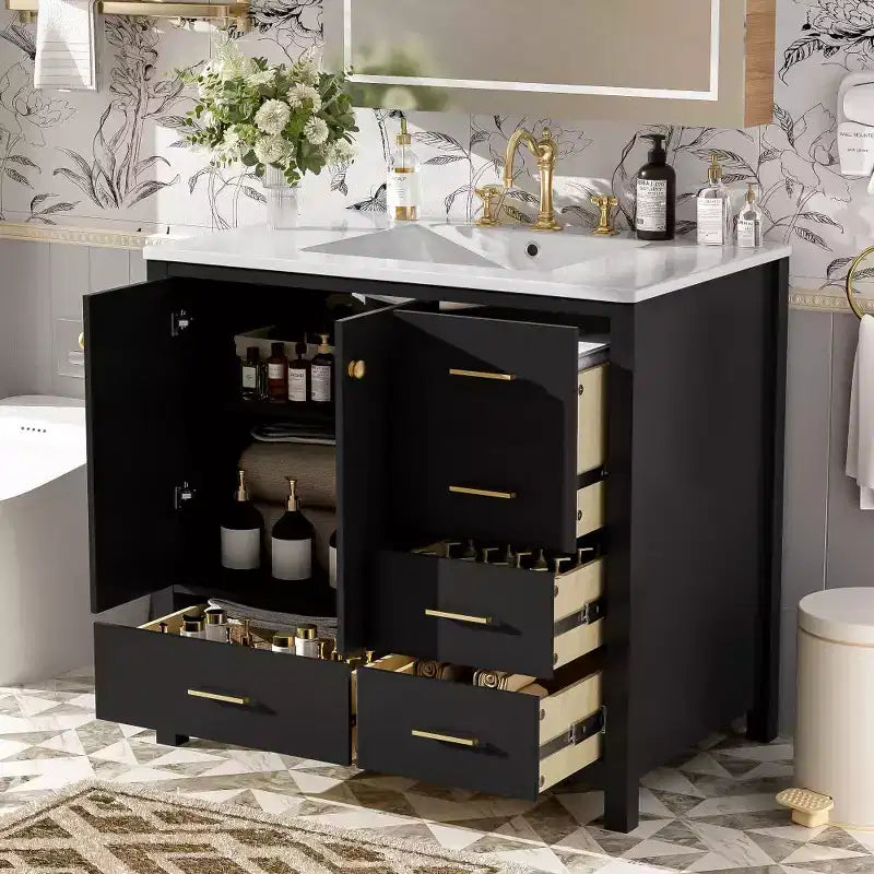 Mobile bagno Chic Crate-36In con lavello in ceramica, 4 cassetti e ante con chiusura ammortizzata | Struttura in legno massello | Indipendente | Nero