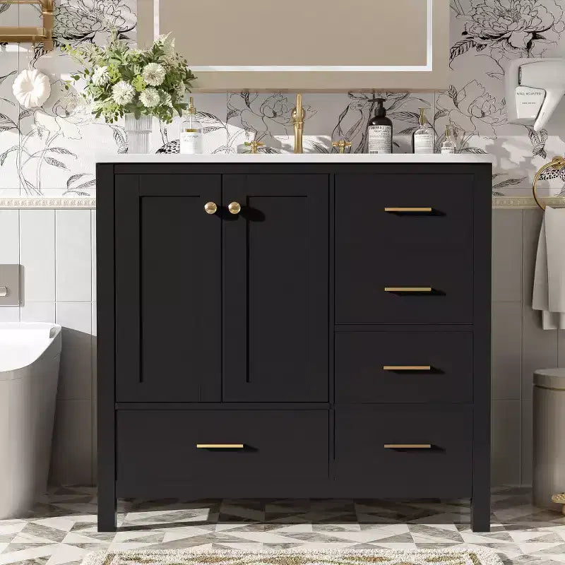 Mobile bagno Chic Crate-36In con lavello in ceramica, 4 cassetti e ante con chiusura ammortizzata | Struttura in legno massello | Indipendente | Nero