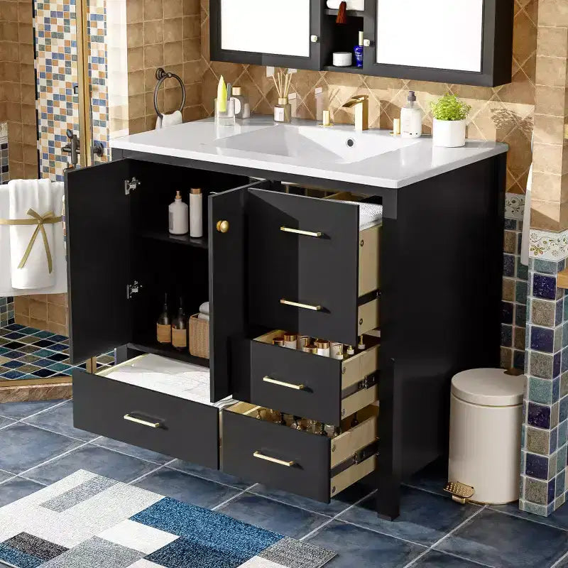 Mobile bagno Chic Crate-36In con lavello in ceramica, 4 cassetti e ante con chiusura ammortizzata | Struttura in legno massello | Indipendente | Nero