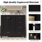 Mobile bagno Chic Crate-36In con lavello in ceramica, 4 cassetti e ante con chiusura ammortizzata | Struttura in legno massello | Indipendente | Nero