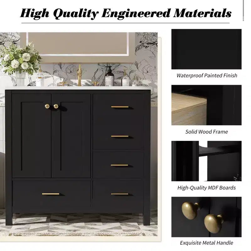 Mobile bagno Chic Crate-36In con lavello in ceramica, 4 cassetti e ante con chiusura ammortizzata | Struttura in legno massello | Indipendente | Nero