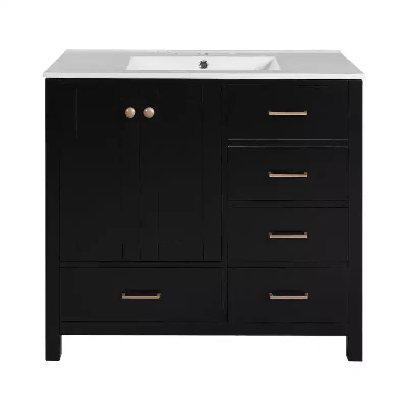 Mobile bagno Chic Crate-36In con lavello in ceramica, 4 cassetti e ante con chiusura ammortizzata | Struttura in legno massello | Indipendente | Nero