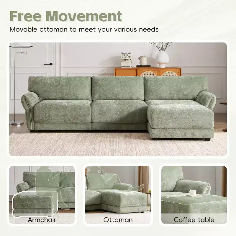 Modular Sectional Sofa with USB Ports, Chenille Upholstered 6/4-Seat Couch with Petal Armrests & Ottomans - ModernLuxe