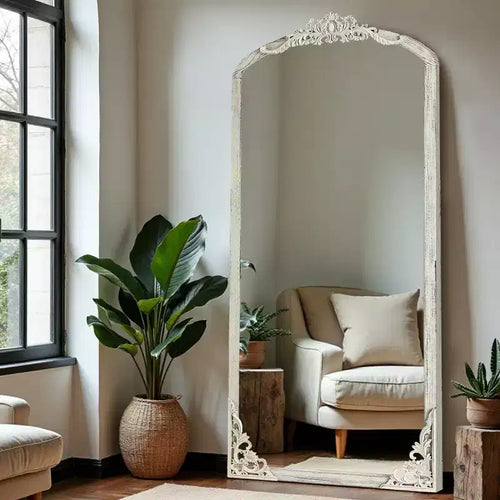 Specchio classico a corpo intero con parte superiore ad arco, 67x28, in legno bianco con cornice resistente alle intemperie, a figura intera per bagno, camera da letto, ingresso, soggiorno/spogliatoio