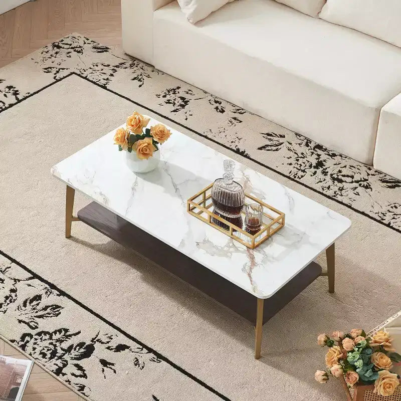 Tavolino da caffè rettangolare GDFStudio Nat 47.24 con doppio strato in ferro, piano in ceramica e ripiano in legno